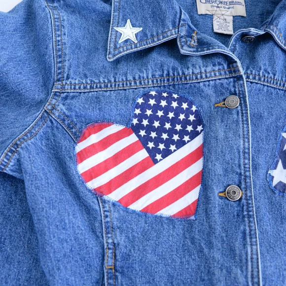 Vintage Cherokee Patriotic USA Flag Stars Blue Denim Button Up Jacket L - Picture 9 of 12